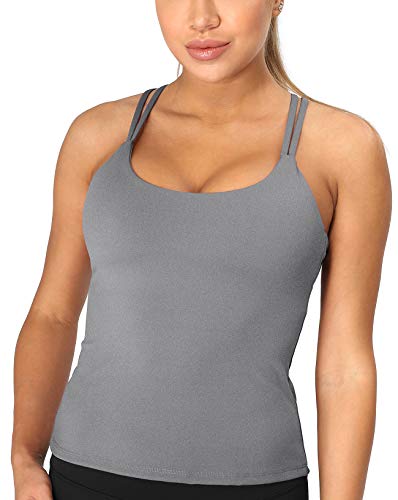 icyzone Damen Sport Top mit Integriertem BH - Longline Gepolsterter Yoga-BH Ohne Bügel, 2 in 1 Gym Fitness Tanktop (M, Grau) von icyzone