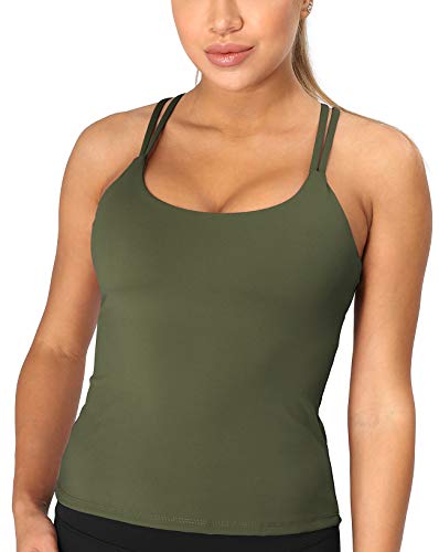 icyzone Damen Sport Top mit Integriertem BH - Longline Gepolsterter Yoga-BH Ohne Bügel, 2 in 1 Gym Fitness Tanktop (XL, Dunkelgrün) von icyzone