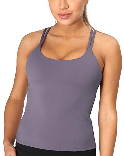 icyzone Damen Sport Top mit Integriertem BH - Longline Gepolsterter Yoga-BH Ohne Bügel, 2 in 1 Gym Fitness Tanktop (XL, Purple) von icyzone