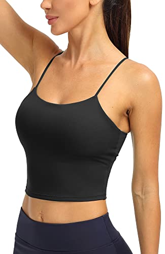 icyzone Damen Sport Top mit Integriertem BH - Spaghetti Trägertop Yoga Shirt, 2 in 1 Gym Fitness Tank Top (L, Black) von icyzone