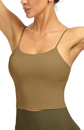 icyzone Damen Sport Top mit Integriertem BH - Spaghetti Trägertop Yoga Shirt, 2 in 1 Gym Fitness Tank Top (M, Deep Khaki) von icyzone