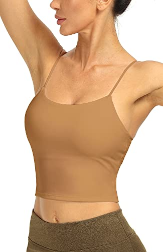 icyzone Damen Sport Top mit Integriertem BH - Spaghetti Trägertop Yoga Shirt, 2 in 1 Gym Fitness Tank Top (S, Camel) von icyzone