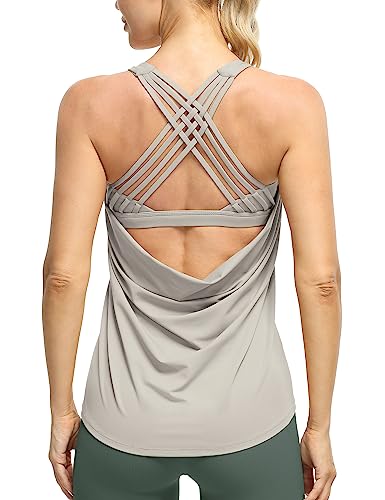 icyzone Damen Sport Top mit Integriertem BH Yoga Oberteile Sport Fitness Shirt 2 in 1 Gym Tank Top (L, Natural Grey) von icyzone