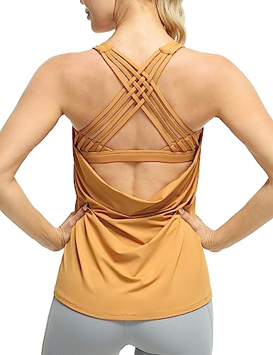 icyzone Damen Sport Top mit Integriertem BH Yoga Oberteile Sport Fitness Shirt 2 in 1 Gym Tank Top (S, Camel) von icyzone