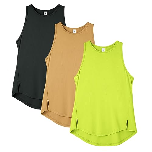 icyzone Damen Sport Tops Racerback Fitness Tank Top Atmungsaktive Gym Yoga Funktions Shirt, 3er Pack (Black/Camel/Lime Green, S) von icyzone