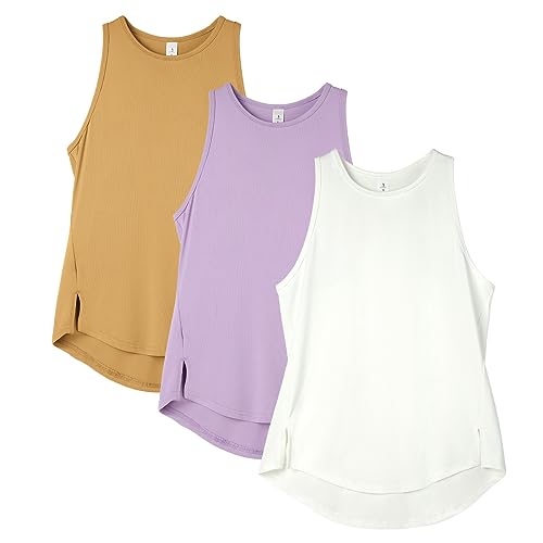 icyzone Damen Sport Tops Racerback Fitness Tank Top Atmungsaktive Gym Yoga Funktions Shirt, 3er Pack (Off White/Camel/Lilac, S) von icyzone