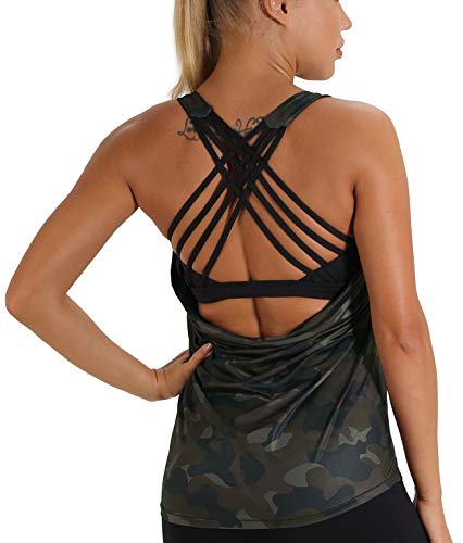 icyzone Damen Sport Tops mit Integriertem BH - 2 in 1 Yoga Gym Shirt Fitness Training Tanktop (L, Army Camo) von icyzone