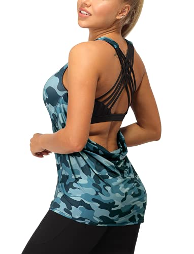 icyzone Damen Sport Tops mit Integriertem BH - 2 in 1 Yoga Gym Shirt Fitness Training Tanktop (L, Navy Camo) von icyzone