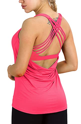 icyzone Damen Sport Tops mit Integriertem BH - 2 in 1 Yoga Gym Shirt Fitness Training Tanktop (L, Neon Pink) von icyzone