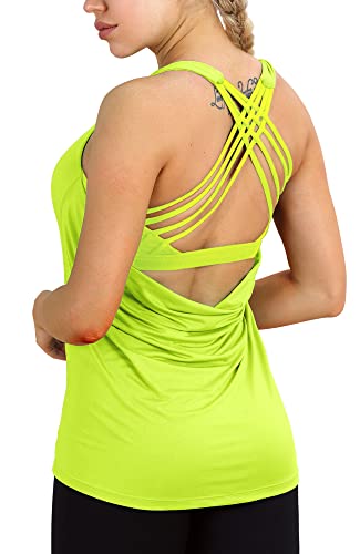 icyzone Damen Sport Tops mit Integriertem BH - 2 in 1 Yoga Gym Shirt Fitness Training Tanktop (L, Neon Yellow) von icyzone