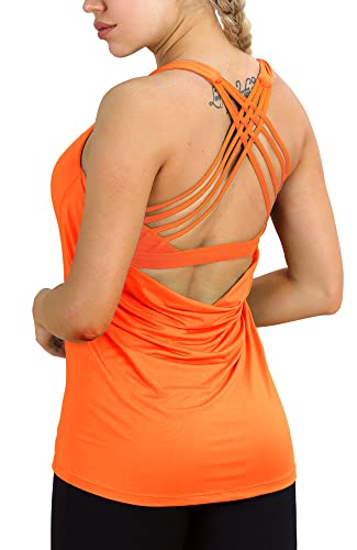 icyzone Damen Sport Tops mit Integriertem BH - 2 in 1 Yoga Gym Shirt Fitness Training Tanktop (M, Neon Orange) von icyzone