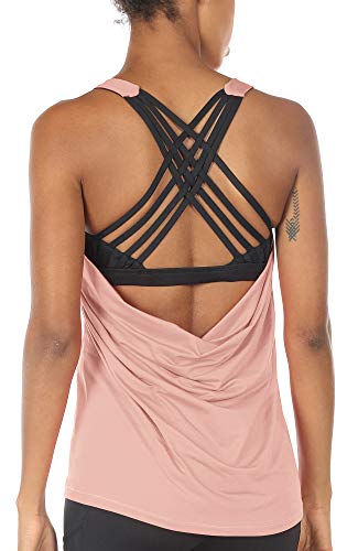 icyzone Damen Sport Tops mit Integriertem BH - 2 in 1 Yoga Gym Shirt Fitness Training Tanktop (M, Pale Blush) von icyzone