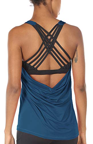 icyzone Damen Sport Tops mit Integriertem BH - 2 in 1 Yoga Gym Shirt Fitness Training Tanktop (M, True Blue) von icyzone