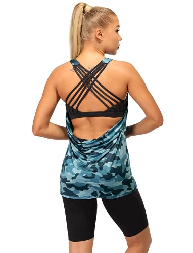 icyzone Damen Sport Tops mit Integriertem BH - 2 in 1 Yoga Gym Shirt Fitness Training Tanktop (S, Navy Camo) von icyzone