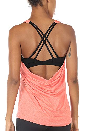 icyzone Damen Sport Yoga Top mit BH - 2 in 1 Fitness Shirt Cross Back Gym Sport Tank Top (S, Peach) von icyzone