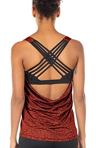 icyzone Damen Sport Tops mit Integriertem BH - 2 in 1 Yoga Gym Shirt Fitness Training Tanktop (XL, Burnt Ochre) von icyzone