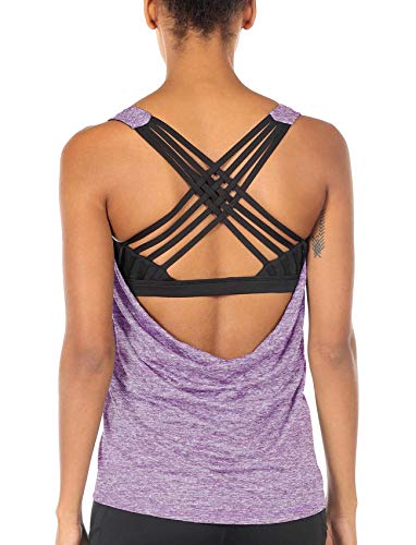 icyzone Damen Sport Tops mit Integriertem BH - 2 in 1 Yoga Gym Shirt Fitness Training Tanktop (XL, Lavender) von icyzone