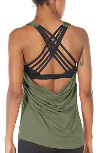 icyzone Damen Sport Tops mit Integriertem BH - 2 in 1 Yoga Gym Shirt Fitness Training Tanktop (XL, Olive) von icyzone