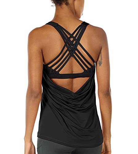 icyzone Damen Yoga Tank Top mit Integriertem BH - 2 in 1 Sport Gym Oberteile Fitness Training Shirt (XXL, Black) von icyzone