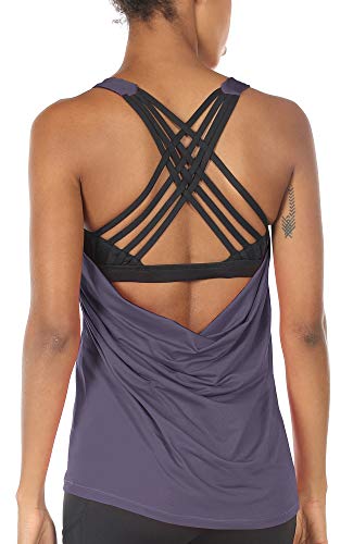 icyzone Damen Sport Tops mit Integriertem BH - 2 in 1 Yoga Gym Shirt Fitness Training Tanktop (XXL, Purple) von icyzone