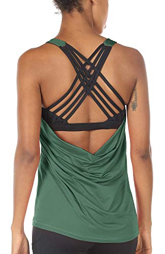 icyzone Damen Sport Tops mit Integriertem BH - 2 in 1 Yoga Gym Shirt Fitness Training Tanktop (XXL, Smoke Pine) von icyzone