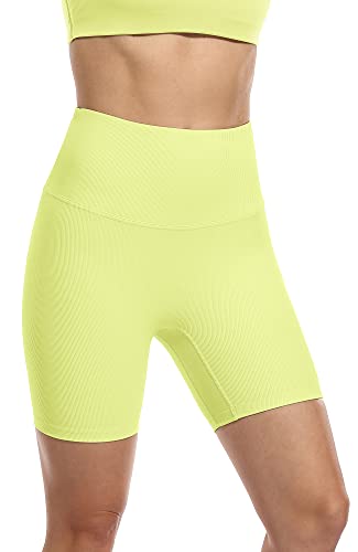 icyzone Damen Sport Yoga Shorts Kurze Sporthose Laufshorts Hohe Taille Fitness Gym Shorts (L, Neon Yellow) von icyzone
