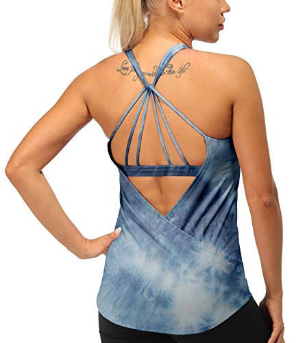 icyzone Damen Sport Yoga Tank Top mit Integriertem BH - 2 in 1 Gym Shirt Sport Fitness Oberteile (L, Denim) von icyzone