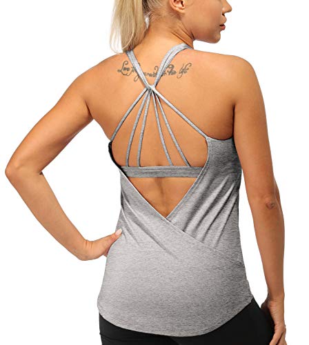 icyzone Damen Sport Yoga Tank Top mit Integriertem BH - 2 in 1 Gym Shirt Sport Fitness Oberteile (L, Gray Melange) von icyzone