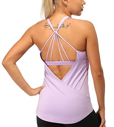 icyzone Damen Sport Yoga Tank Top mit Integriertem BH - 2 in 1 Gym Shirt Sport Fitness Oberteile (XL, Lilac) von icyzone