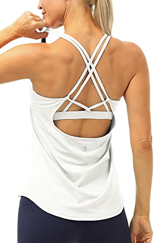 icyzone Damen Sport Yoga Tank Top mit Integriertem BH - 2 in 1 Sport Oberteile Fitness Gym Shirts (L, Weiß) von icyzone