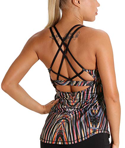 icyzone Damen Sport Yoga Tank Top mit Integriertem BH - 2 in 1 Sport Oberteile Fitness Gym Shirts (S, Feuerwerk) von icyzone