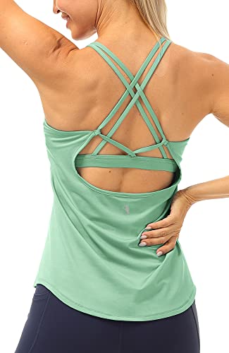 icyzone Damen Sport Yoga Tank Top mit Integriertem BH - 2 in 1 Sport Oberteile Fitness Gym Shirts (L, Hellgrün) von icyzone