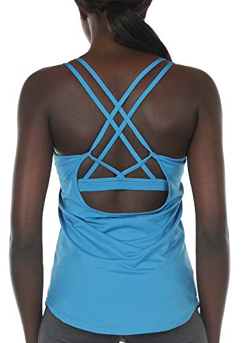 icyzone Damen Sport Yoga Tank Top mit Integriertem BH - 2 in 1 Sport Oberteile Fitness Gym Shirts (S, Blau) von icyzone