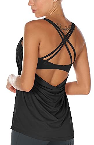 icyzone Damen Sport Yoga Top mit BH - 2 in 1 Fitness Shirt Cross Back Gym Sport Tank Top (L, Black) von icyzone