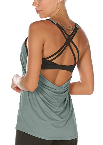 icyzone Damen Sport Yoga Top mit BH - 2 in 1 Fitness Shirt Cross Back Gym Sport Tank Top (M, Dusk Blue) von icyzone