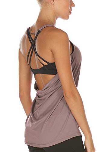 icyzone Damen Sport Yoga Top mit BH - 2 in 1 Fitness Shirt Cross Back Gym Sport Tank Top (M, Mauve Shadows) von icyzone