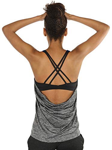 icyzone Damen Sport Yoga Top mit BH - 2 in 1 Fitness Shirt Cross Back Gym Sport Tank Top (XL, Charcoal) von icyzone