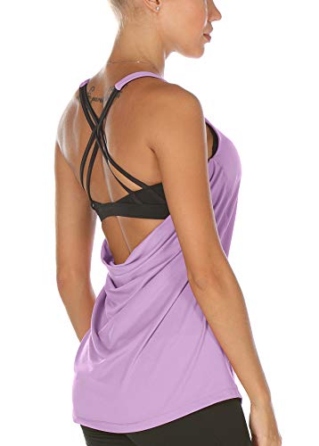 icyzone Damen Sport Yoga Top mit BH - 2 in 1 Fitness Shirt Cross Back Gym Sport Tank Top (XL, Lilac) von icyzone