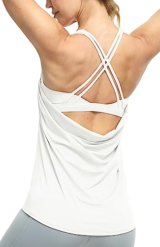 icyzone Damen Sport Yoga Top mit BH - 2 in 1 Fitness Shirt Cross Back Gym Sport Tank Top (L, White) von icyzone