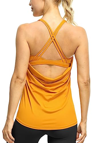 icyzone Damen Sport Yoga Top mit BH - 2 in 1 Fitness Shirt Cross Back Gym Sport Tank Top (S, Golden Yellow) von icyzone