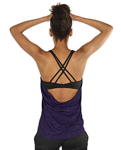 icyzone Damen Sport Yoga Top mit BH - 2 in 1 Fitness Shirt Cross Back Gym Sport Tank Top (XL, Purple) von icyzone