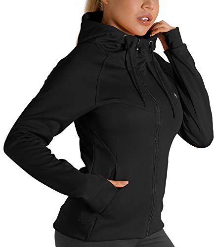 icyzone Damen Sportjacke Laufjacke voll Zip Trainingsjacke mit Kapuze, Fitness Hoodie Langarm Shirt im Winter (L, Schwarz) von icyzone