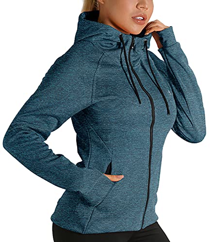 icyzone Damen Sportjacke Laufjacke voll Zip Trainingsjacke mit Kapuze, Fitness Hoodie Langarm Shirt im Winter (S, Blau) von icyzone