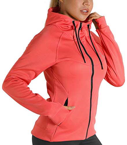 icyzone Damen Sportjacke Laufjacke voll Zip Trainingsjacke mit Kapuze, Fitness Hoodie Langarm Shirt im Winter (XL, Korall Rot) von icyzone