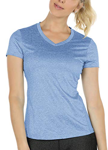 icyzone Damen Sport T-Shirt Kurzarm V-Ausschnitt Laufshirt Atmungsaktive Fitness Gym Funktions Shirt (L, Blau) von icyzone