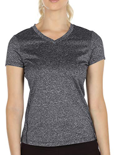 icyzone Damen Sport T-Shirt Kurzarm V-Ausschnitt Laufshirt Atmungsaktive Fitness Gym Funktions Shirt (L, Dunkelgrau) von icyzone