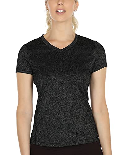 icyzone Damen Sport T-Shirt Kurzarm V-Ausschnitt Laufshirt Atmungsaktive Fitness Gym Funktions Shirt (L, Schwarz) von icyzone