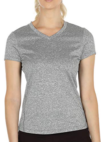icyzone Damen Sport T-Shirt Kurzarm V-Ausschnitt Laufshirt Atmungsaktive Fitness Gym Funktions Shirt (M, Grau) von icyzone