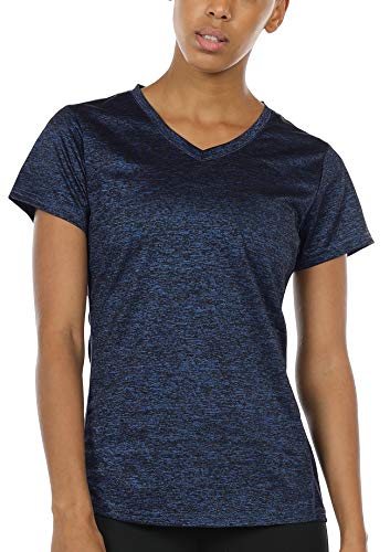 icyzone Damen Sport T-Shirt Kurzarm V-Ausschnitt Laufshirt Atmungsaktive Fitness Gym Funktions Shirt (XL, Royalblau) von icyzone