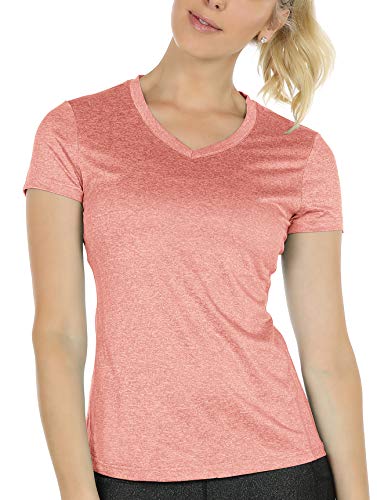 icyzone Damen Sport T-Shirt Kurzarm V-Ausschnitt Laufshirt Atmungsaktive Fitness Gym Funktions Shirt (XXL, Blass orange) von icyzone